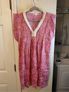 Jude Connally Pink Floral-Stripe Tunic with Cream Fringe